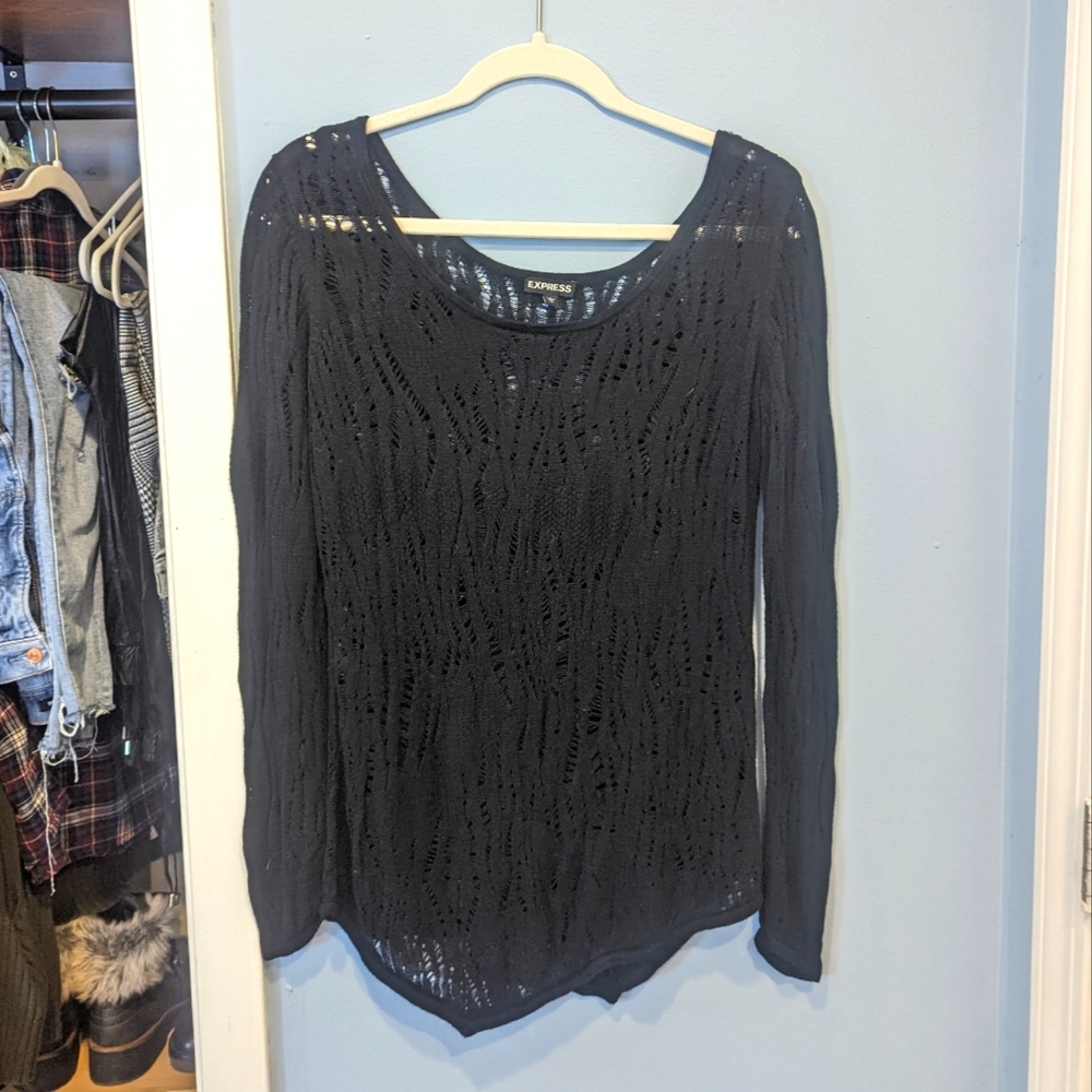 FINAL PRICE EXPRESS Black 100% Rayon Open Knit Asymmetrical Hem Sweater